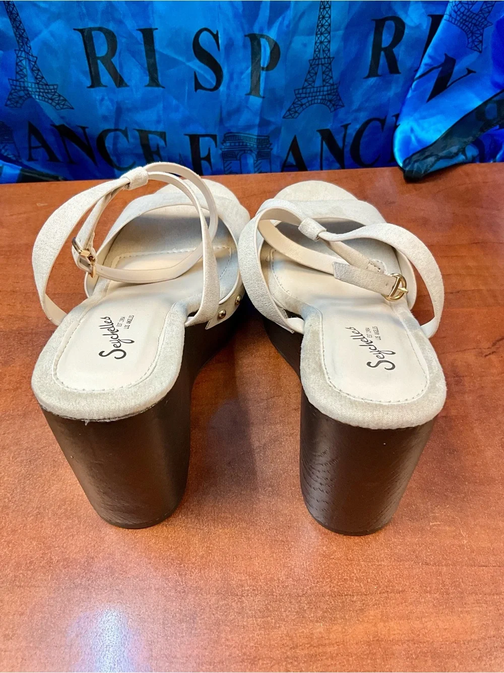 Seychelles Cream Strappy Wedge Sandals with Gold Buckle